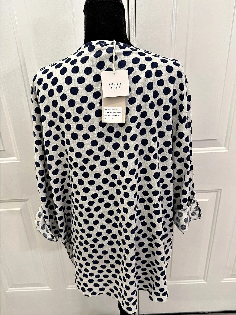 Hester & Orchard Polka Dot Linen Blend Blouse in White & Blue Size Large NWT - Picture 3 of 11